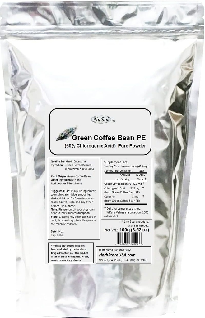 Green Coffee Bean Extract Powder, Standardized 50% Chlorogenic Acid (100 Grams (3.52 oz))
