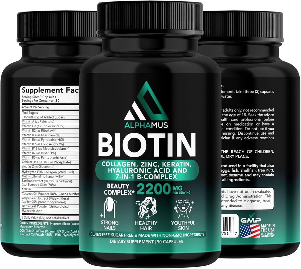 Biotin i Collage suplementaris amb Keratin - Biotin 5000mcg Capsule per al Creixement en cabell, pell de salut i Nals - optimitzat d'àcid Hyalururònica i complexa de les dones i els homes, 90 Capules