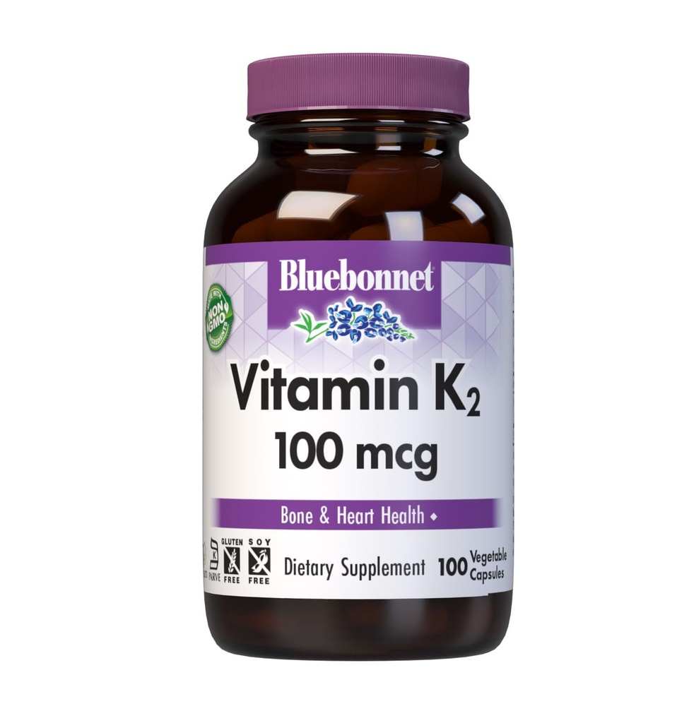 Bluebonnet Nutrition Vitamin K2 Supplement 100 mcg Daily Vit K2 MK7 Heart Health & Bone Vitamins for Women & Men* - Vegan, non-GMO, Dairy-Free, Gluten-Free Vit K - 100 Vegetable Capsules