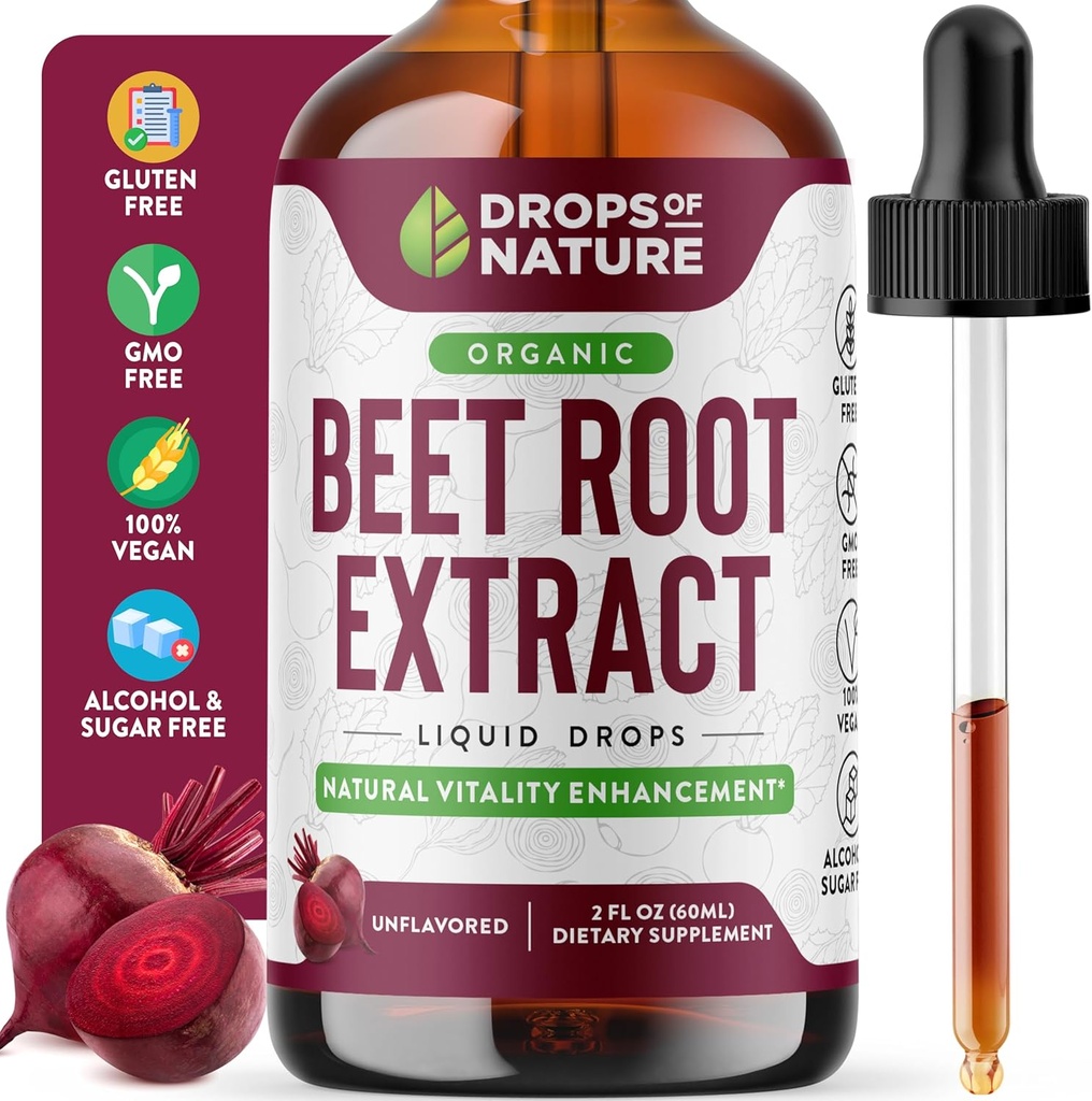 Beet Root Liquid Supplement - Izvleček organskih bitij - Veganska in čista - višja moč kot Gummies, Žvečilni in Kapsule - Podpira energijo, Vitalnost in kroženje (nearomatizirana, 60mL)
