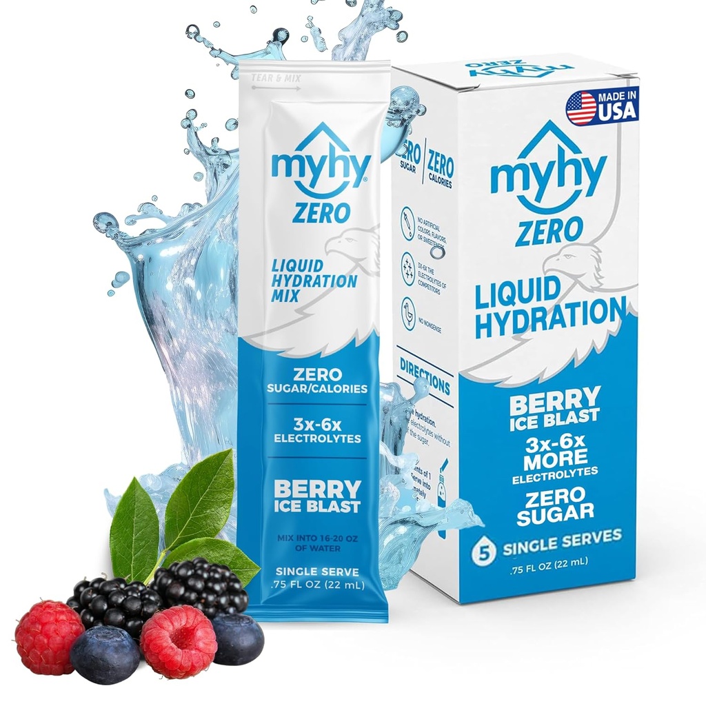 MyHy Zero Liquid Hydration Packets, Sugar Free Electrolyte Drink Mix for Hydration Support, Rilievo di disidratazione per viaggi, gravidanza, fitness, Bachelor & Bachelorette Party – Berry, 5 Count