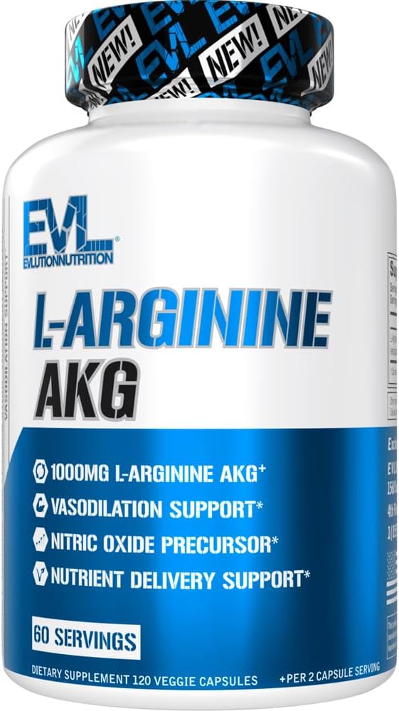 Evlution L-arginiini AKG - Vasodilaatio & ravitseva Toimitus Support - Typpioksidi esiaste - 1000 mg L-arginiini AKG - Gluteeniton & ei-GMO - Ravintolisä - 60 Servings - 120 Kasviskapselit