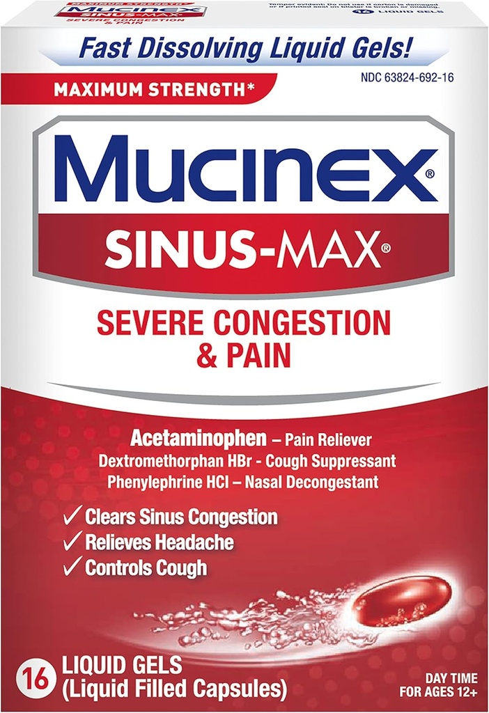 Mucinex Sinus- Max Kekuatan Konsumsi Berat & Nyeri Liquid Gels, 16ct