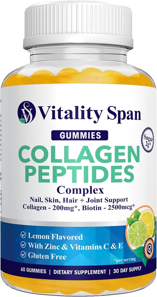 Collage Gummies med Biotin (2500mcg), vitamin C, E, sink for hår, hud og negler, lav sukker, sitronflavor, 60 gummier, laget i USA