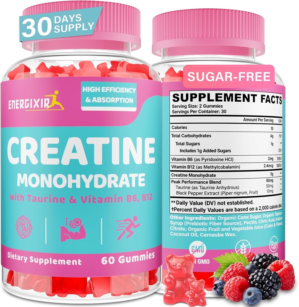 Creatine Monohydrate Gummies - No Bloating - Creatine Pre and Post Workout Chewables Suplement with Taurine & B6 - for Recovery, Energy & Booty, Performance, 60 Counts