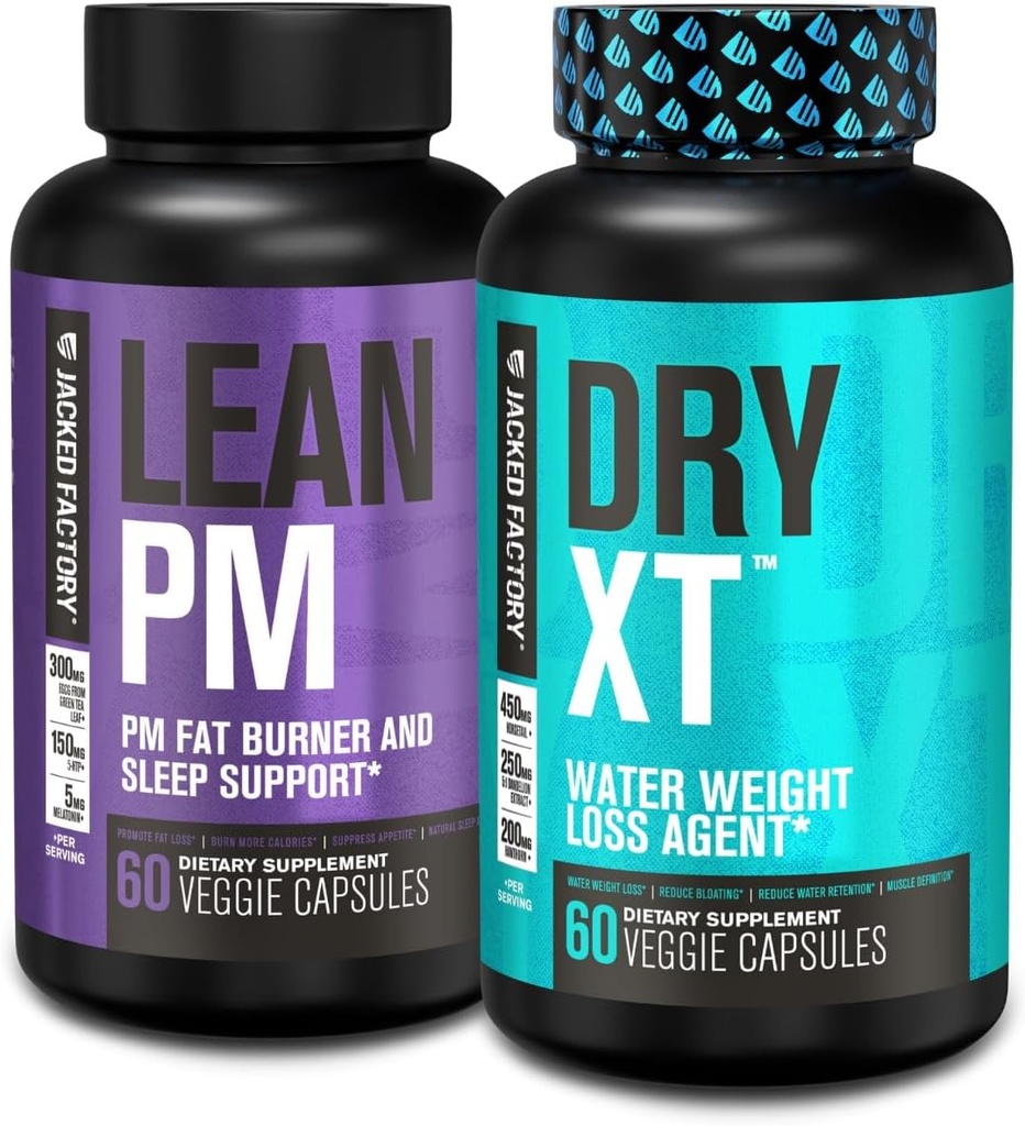 Jacked Factory Line PM Night Time Fat Burner, Sleep Aid Addition, & Appetite Suppressant (60 капсули) & Dry-XT Вода Отслабване Diuretic хапчета (60 капсули)