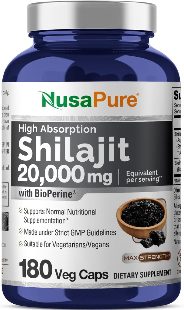 NusaPure Shilajit 20.000mg per portie, 180 Veggie Caps, Non-GMO, Glutenvrij, Bioperine