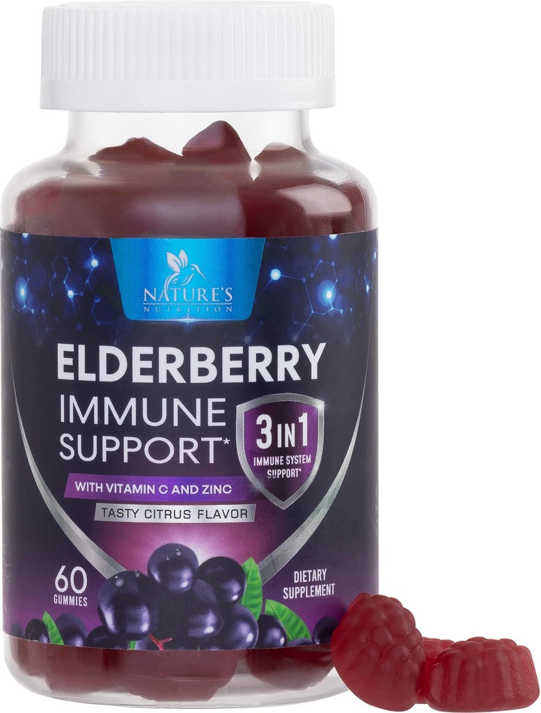 Elderberry Immune Support Gummies - 3X Strength Black Elderberry Gummy with Vitamin C, D3 and Zinc for Kids & Adults - Immune Health Support Supplement Gummy, Black Elder Berry Vitamins - 60 Gummies