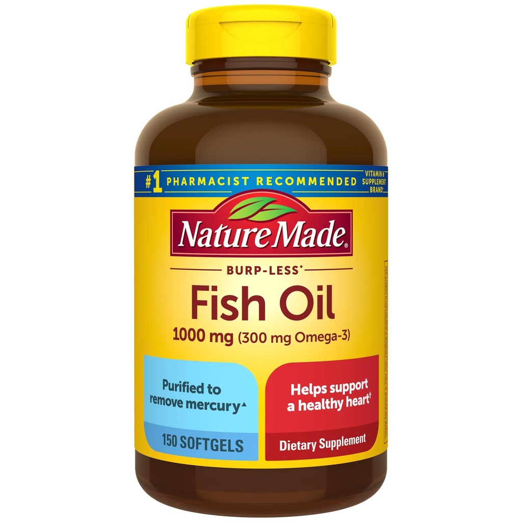 Nature Made Burp Less Fish Oil Omega 3 Supplements, 1000mg Softgels, Omega 3 Fish Oil Supplements for Healthy Heart Support, 150 Softgels, 75 Day Supply