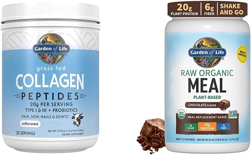 Xardín da vida Grass Fed Hydrolyzed Collagen Protein Supplements Peptides Powder, 19.75 Oz & Tasty Organic Chocolate Meal Substitución Shake Vegan 20g