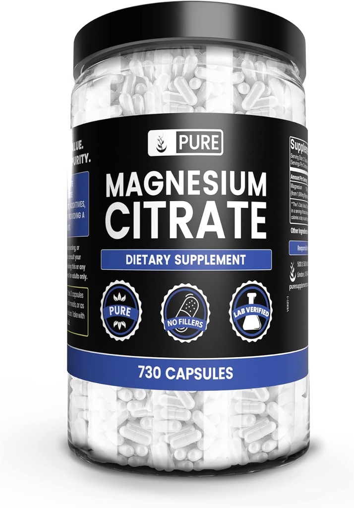 מרכיבים מקוריים טהורים Magnesium Citrate (730 קפסולות) No Magnesium Or Rice Fillers, Always Pure, מעבדה מאומתת