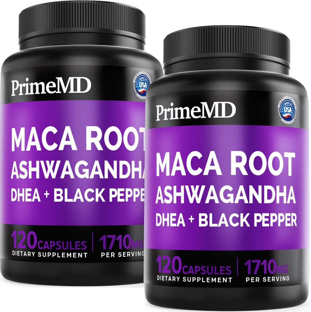 6-en-1 Orgánica Maca Root Ashwagandha Capsules 1710mg con DHEA y extracto de fruta de pimienta negra para hombres y mujeres - Suplemento de Maca Negro para Stamina, Bone y Mood Support Suplemento, 120ct (Pack of 2)