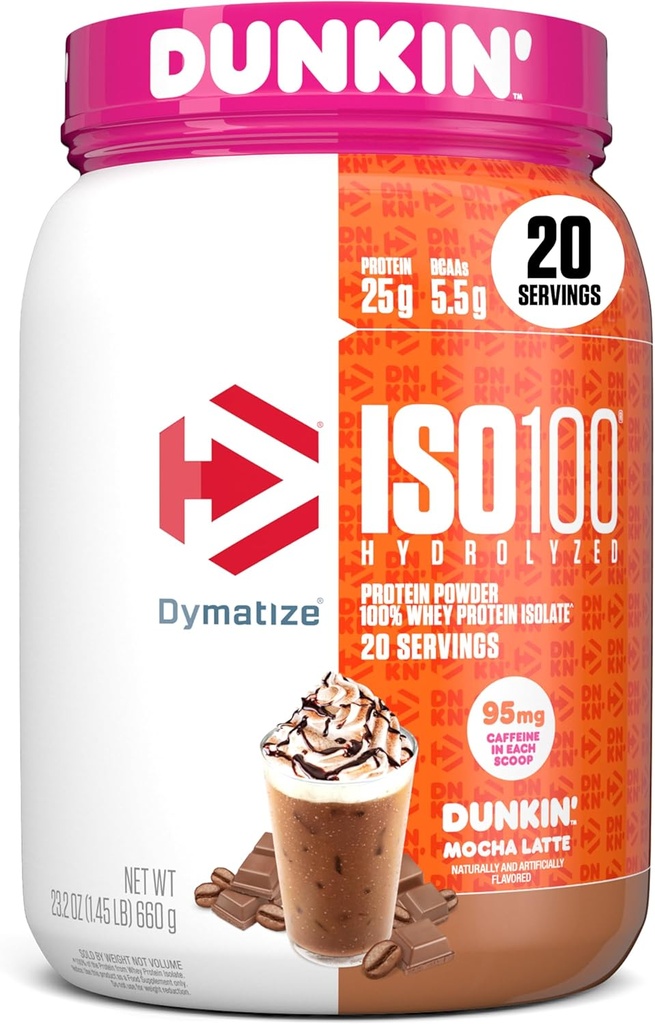 Dymatize x Dunkin' Mocha Latte ISO100 Proteína de soro, 95mg cafeína, 25g de proteínas, 5.5g BCAAs, 120 Cal., Gluten Free, 1g Fat, 1g Sugar, 3g Carb (20 porcións)