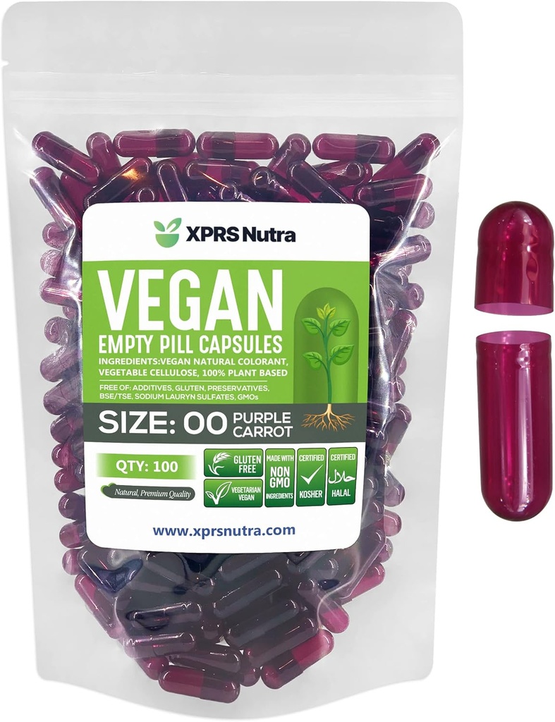 XPRS Nutra Size 00 Prazne kapsule - 100 Štetje Prazne Veganske kapsule - Vegetarijanske prazne tablete - DIY Zelenjavne kapsule Polnjenje - Veggie Pills Caps (purple Carrot)