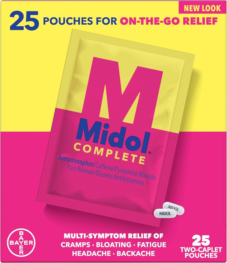 Midol Complete On The Go Caplets atsetaminophen menstruaalsümptomite leevendamiseks, perioodi kramp ja menstruaalvalu leevendamiseks, 50 loend (25 kotti 2)