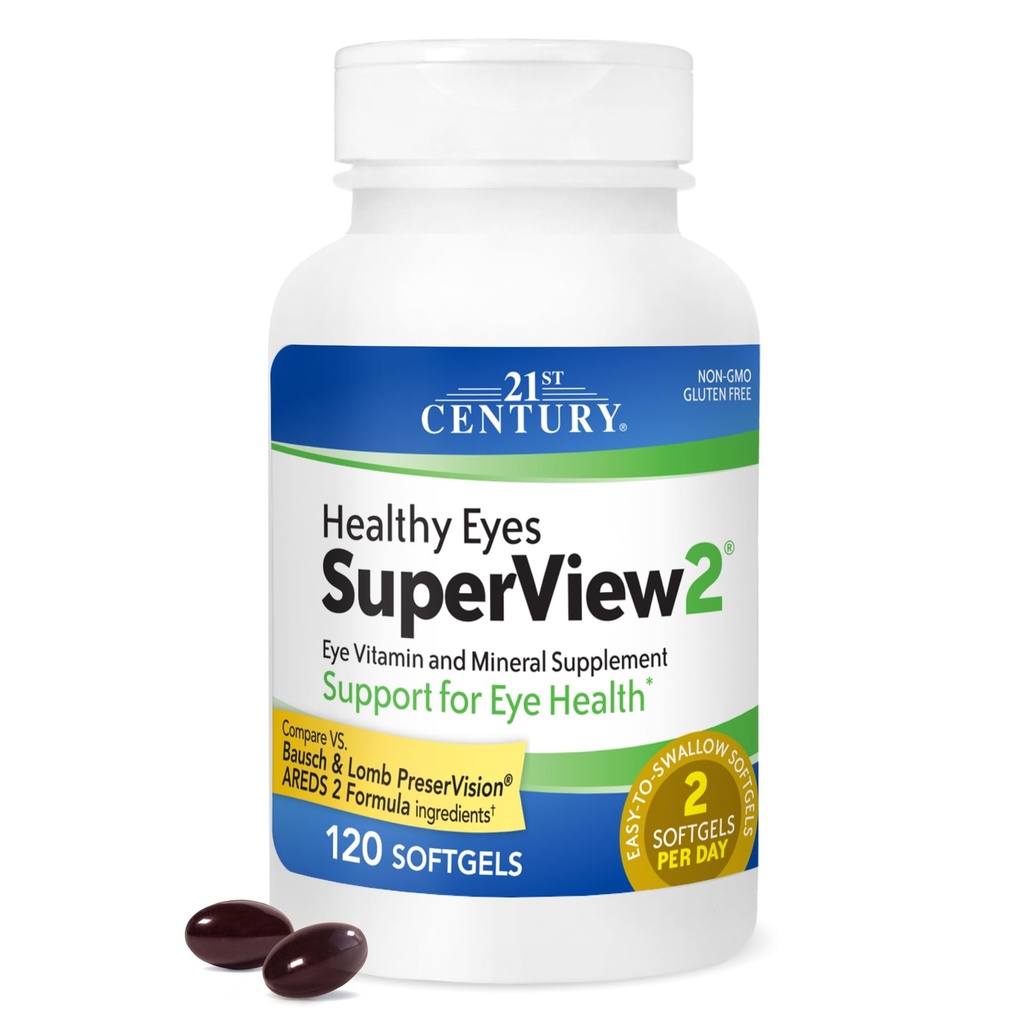 21st Century Healthy Eyes SuperView Eye Vitamin Softgels, 120 Count | High-Potency Eye Vitamin & Mineral Softgels with Vitamin C, Compare VS. Bausch + Lomb PreserVision® AREDS 2 Formula, Non-GMO