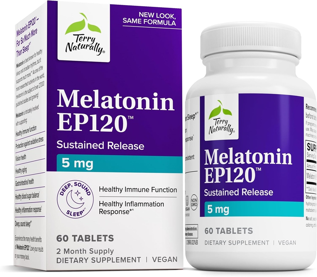 Terry Naturally Melatonin EP 120 5mg - Sleep Support Supplement with Antioxidants - Gluten-Free Supplement for Healthy Sleep - Dietary Supplement to Aid Healthy Aging & Immune Health - 60 Tablets