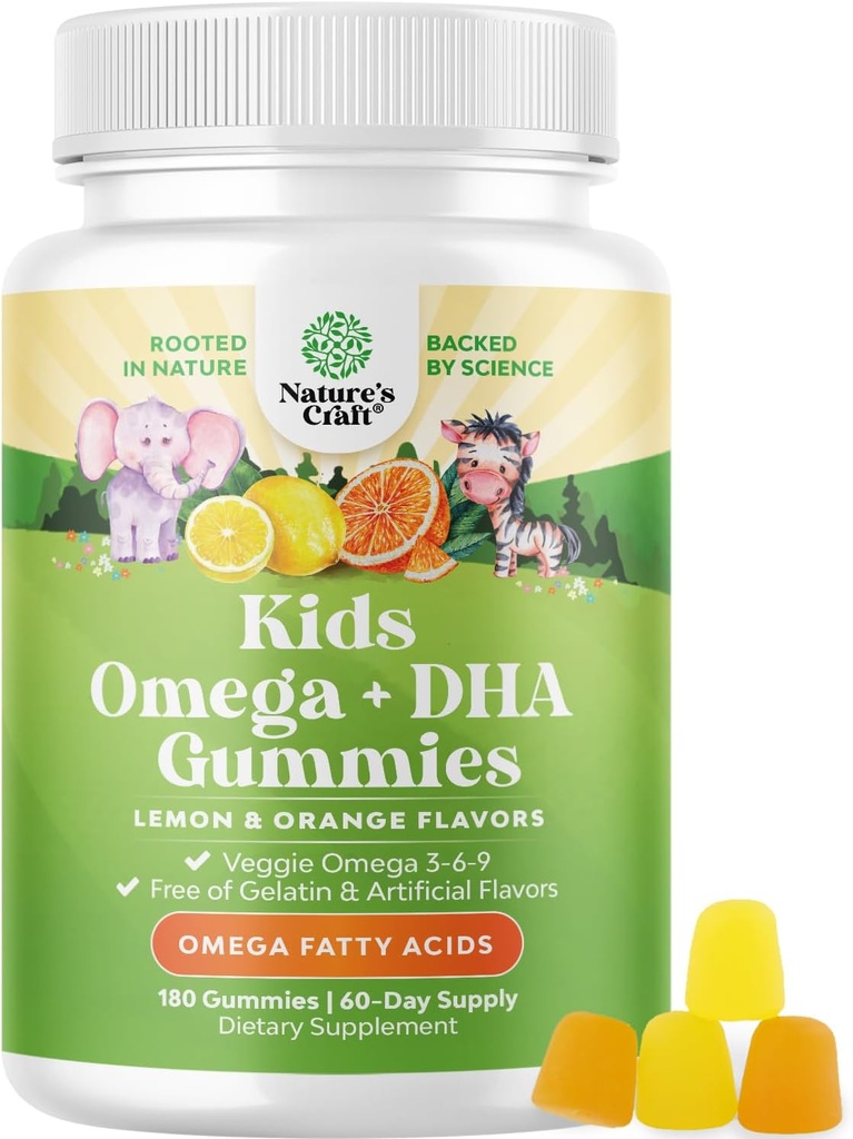 Омега DHA Gummies для дітей - жирні кислоти Омега 3 6 9 з вітаміном С для бюстгальтера, імунітету та бачення - поживна DHA для дітей для здорової нервової системи та підтримки фокусу - Риба Free & Vegan - 180 Chews