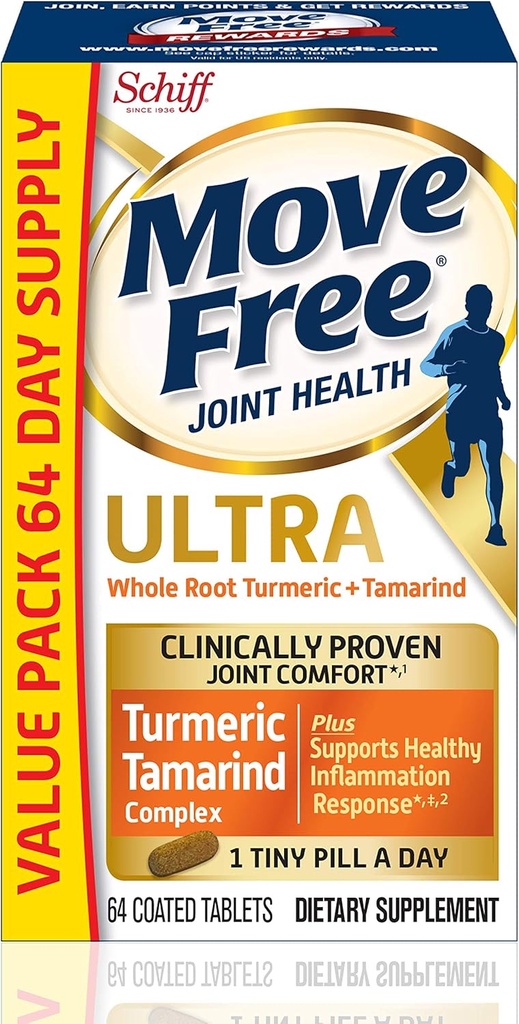 Move Free Ultra Turmeric Curcumin & Suplemento conxunto Tamarind - soporta inflamación saudable e confort conxunto clínicamente probado en 1 pílula, 64 tabletas (64 racións) *