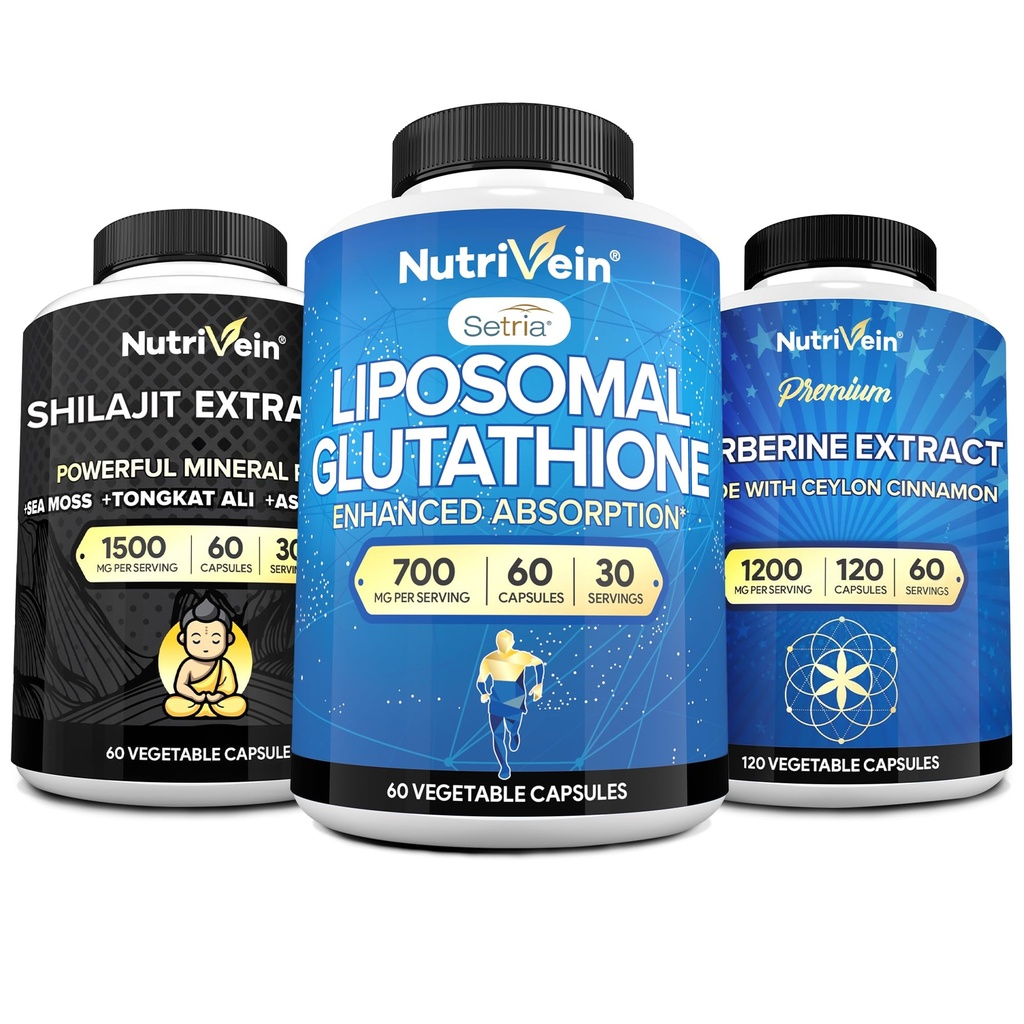 Nutrivein Premium Shilajit Capsules, Liposomal Glutathione Supplement, & Berberine Supplement Bundle: Berberine, Glutathione, & Shilajit Capsules for Men & Women - Metabolism, Vitality, & Balance