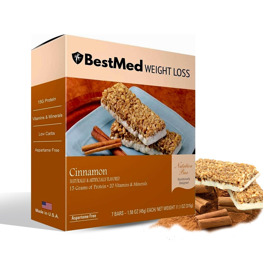 BestMed - High Protein Nutrition Bar - Low-Carb, 15g Protein, Low Sugar, Low Calorie, Meal Replacement Bar (Cinnamon, 1 Box - 7 Count)