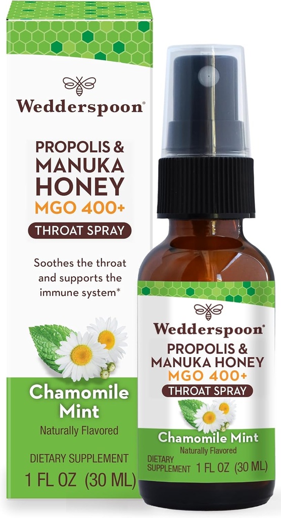 Wedderspoon Propolis og Manuka Honning Throat Spray, Kamille & Mint, 1 Fl Oz (Pack of 1), Sore Throat Relief, Naturlig immunstøtte