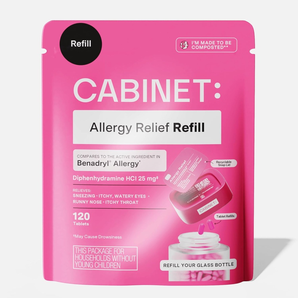 Cabinet: Diphenhydramine 25 mg Allergy Relief Antihistaminer tabletter for allergier, Hay Fever, og Runny Nese, 120 tabletter (Refill Pouch)