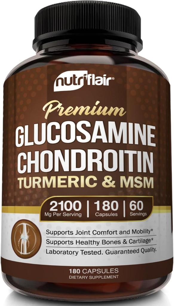 NutriFlair Glucosamine Chondroitin Turmeric MSM Boswellia, 180 캡슐 - 합동 안락 보충교재 - 자연적인 & 비 GMO - 산화 방지제 알약 - 지원 뒤, 무릎, 손, 합동, 연골