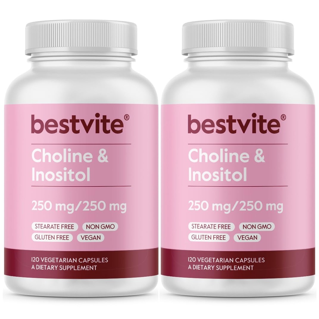 BESTVITE Choline Inositol 500mg (240 Vegetarian Capsules) (120 x 2) - No Stearates - No Dicalcium Phosphate - No Fillers - Vegan - Non GMO - Gluten Free