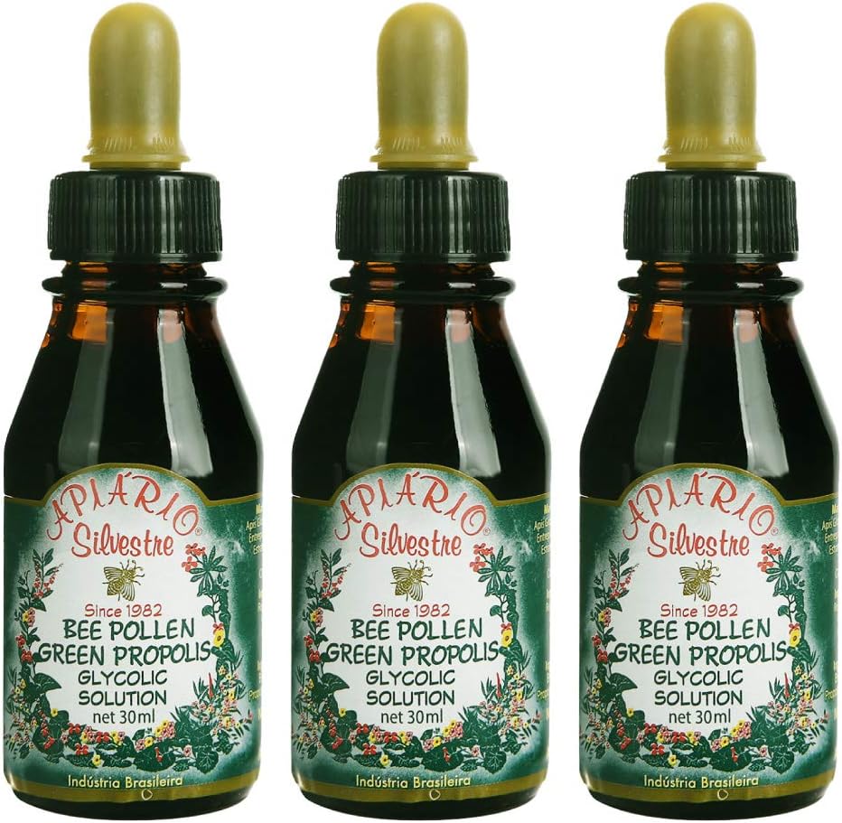 3 Butelki Apiario Silvestre Bee Pollen & Brazylia Green Bee Propolis Liquid - Glikolka Extract- Non Alcoholic, Wolny od wosku, Cukier