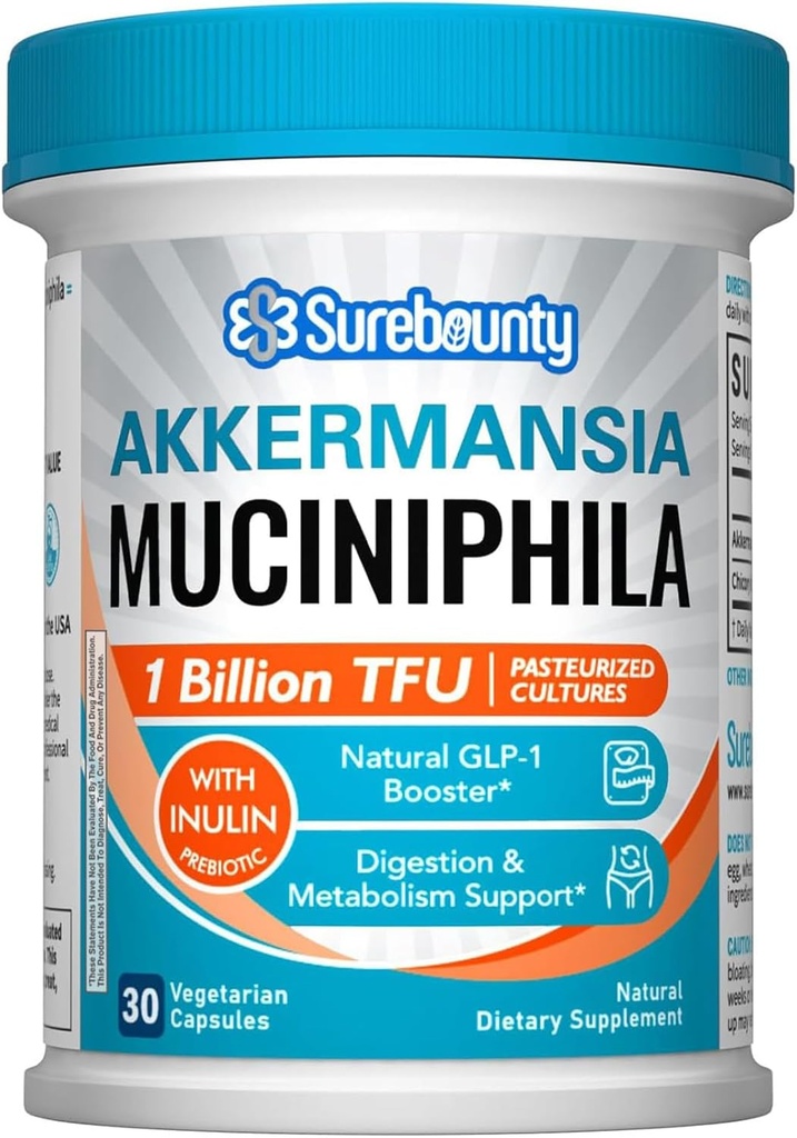 Akkermansia Probiotic GLP-1, 1 miliard TFU, Akkermansia Muciniphila cu Prebiotic Inulin Fiber, Gut Health for Men & Women, Vegan, Non-GMO, 30 Caps