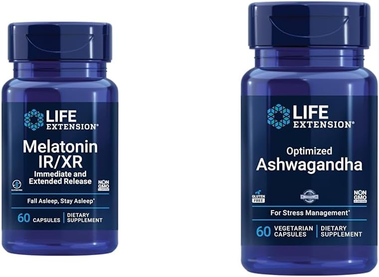 Life Extensie Melatonin IR/XR & Optimizat Ashwagandha - Somn, Stres Relief, Focus, Memorie - 60 Capsule