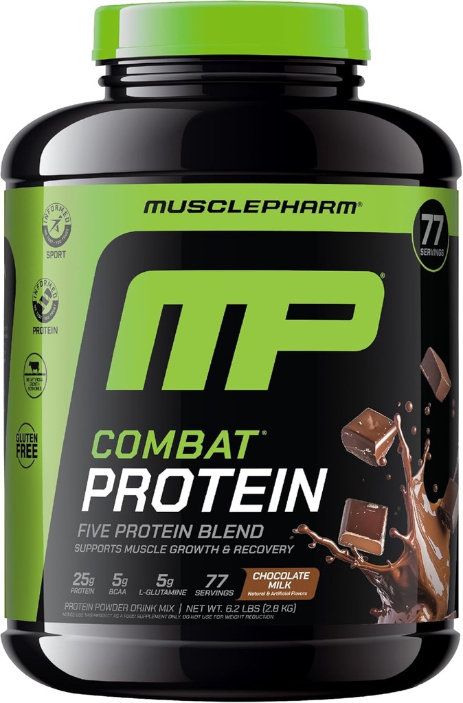 MusclePharm Combat Protein Powder, Chocolate Milk Flavor, Fuels Muscles for Productive Workouts, 5 Protein Zdroje včetně syrovátkového proteinu izolát & vaječný albumin, gluten Free, 6.2 LB, 77 Služeb