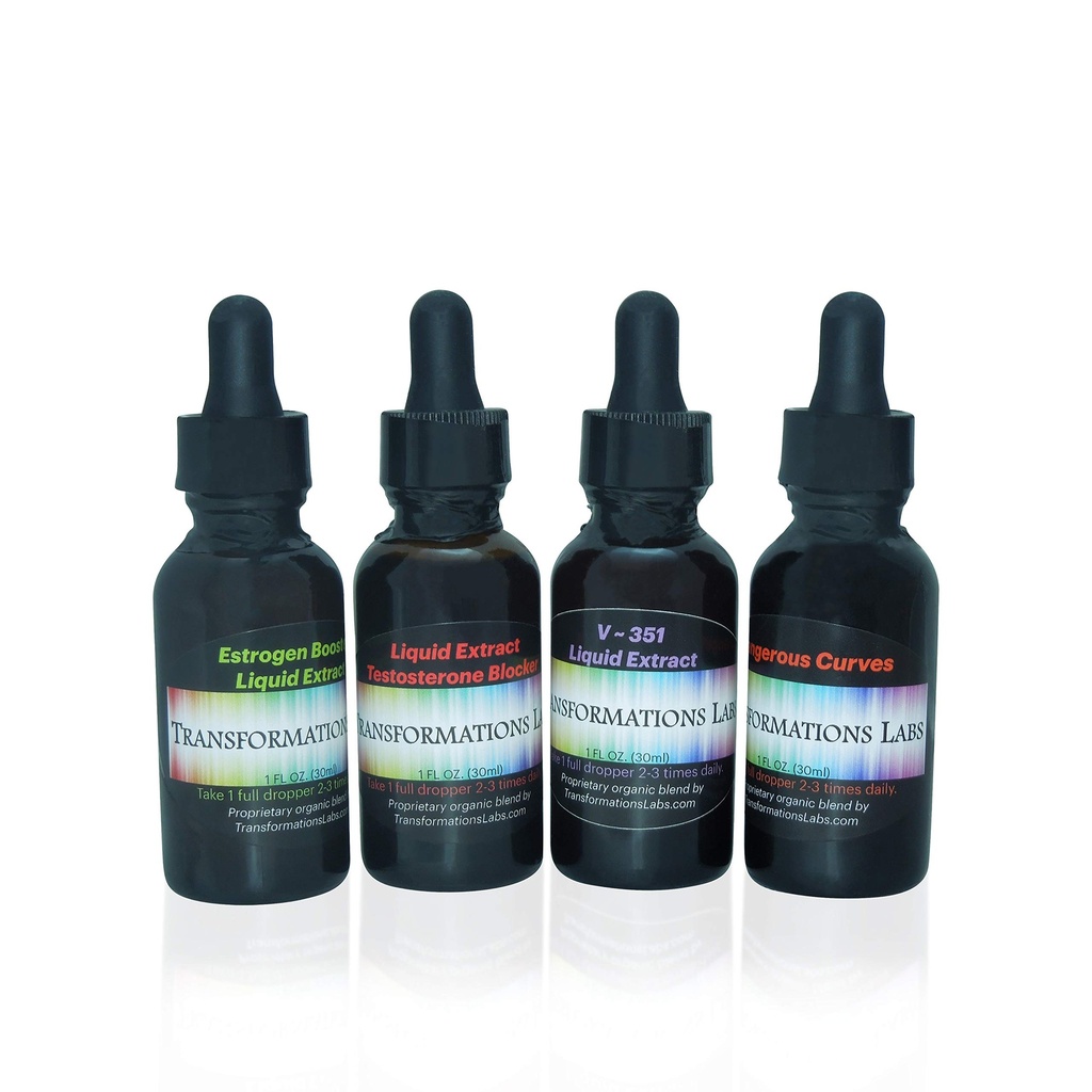 Transformations Labs - MTF E-Booster, T-Blocker, V~351 Advanced Feminizer & Dangerous Curves Synergist, MTF Liquid Extracts 4 Pack Transitioning Transgender Kit!!