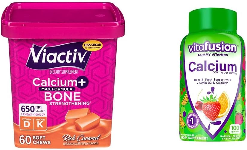 Viactiv Calcium Chews & vitafusion Calcium Gummies, 60 Chews & 100 Count - Bone & Teeth Health Supplements