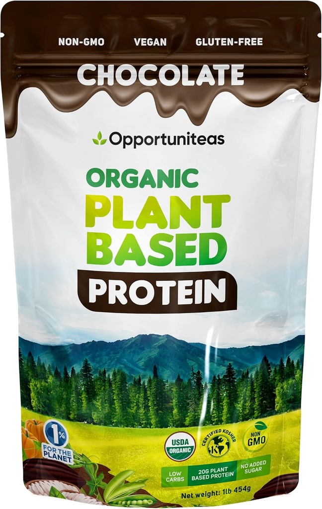 Opportunites Organic Plant Basert Protein pulver, 20g Vegansk Protein fra Pea, Pumpkin og Rice, Ingen sukker, Ikke-GMO, Glutenfri, Kremet sjokolade, 1 lb