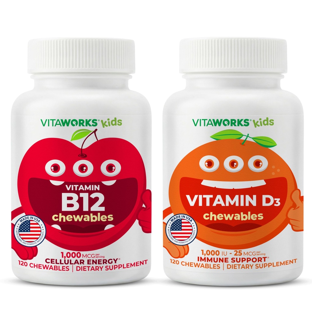 VitaWorks Kids Vitamin B12 Chewables + Vitamin D3 1000 IU Chewables Bundle