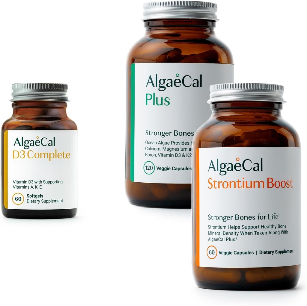 ALGAECAL Bone Health Bundle - D3 Complete (1000 IU) + K2, vitamin E, vitamin A & plantebasert kalsium klinisk støttet for å øke beintettheten