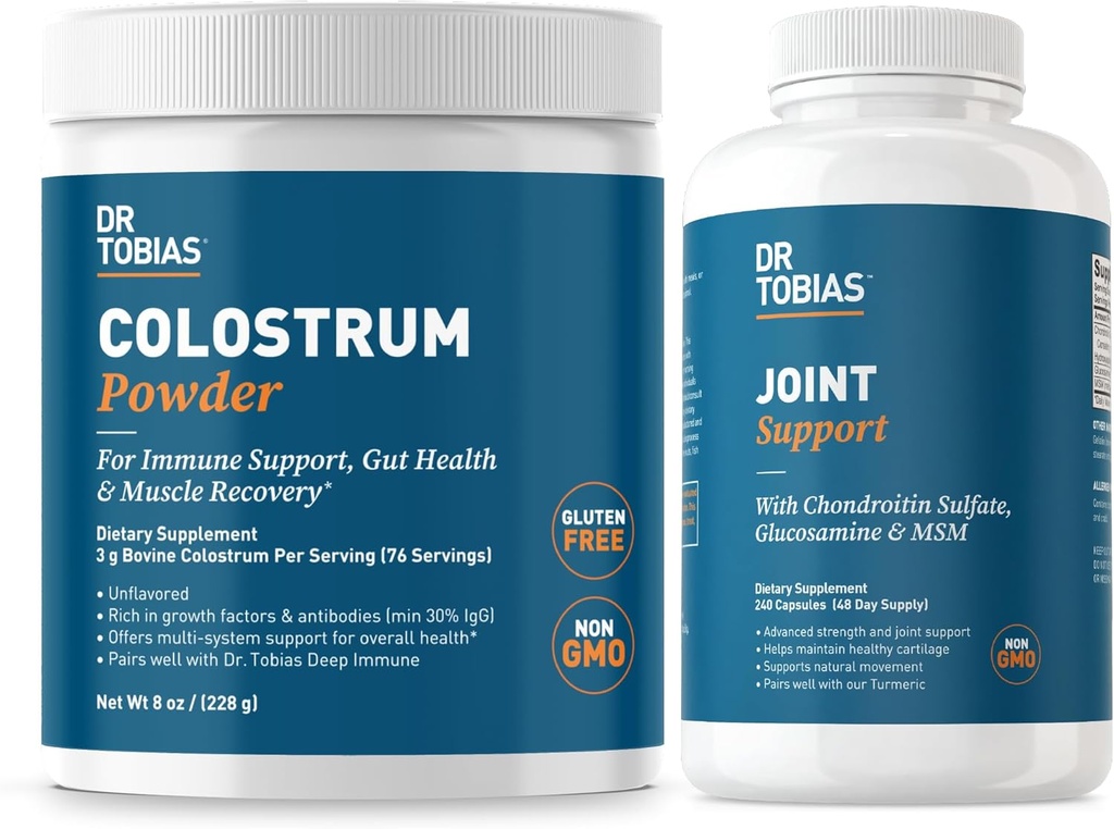Dr Tobias Joint Support Supplement and Colostrum Powder - Apoia a mobilidade conxunta, a saúde da cartilaxe e a función inmune - Non-GMO