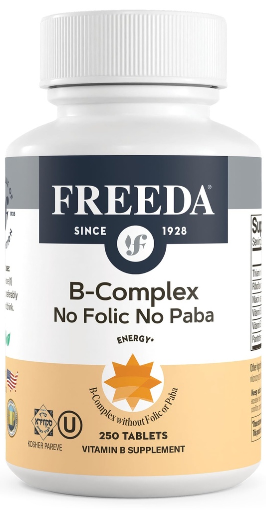 Freeda Vitamin B Complex No Folic No PABA - Super B Complex Kosher Vitamin Supplement with Vitamin B1 Vitamin B2 Vitamin B3 Vitamin B5 Vitamin B6 Vitamin B12 - Vit B Complex B for Women & Men (250 Ct)