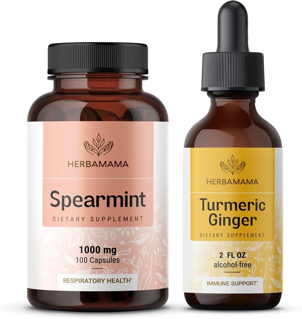 HerBAMAMA Spearmint ו- Turmeric ג'ינג'ר Kit - Bundle של 1000 מ"ג Spearmint Leaf קפסולות & Turmeric Gig Tincture 2 oz - טבעוני, non-GMO, סוכר ואלכוהול חינם - 2 Pack