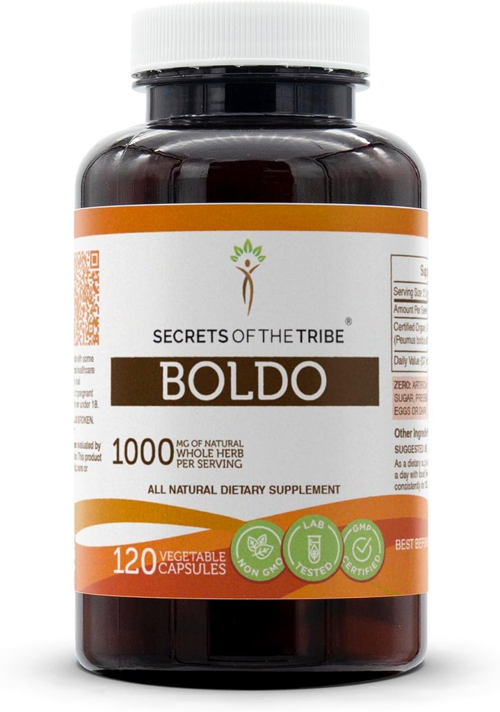 Segredos da Tribe Boldo 120 Cápsulas, 1000 mg, Boldo (Peumus boldus) Folha Secada (120 Cápsulas)