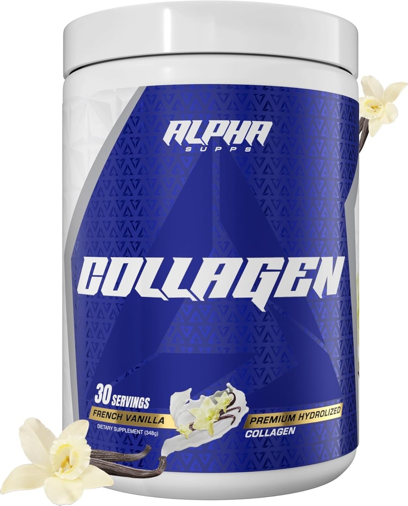 Alpha Supps Premium Hidrolyzed Colagen Proteine Powder - Colagen Peptide Supliment pentru bărbaţi şi femei cu enzime digestive - 30 Serviri (vanilie franceză)