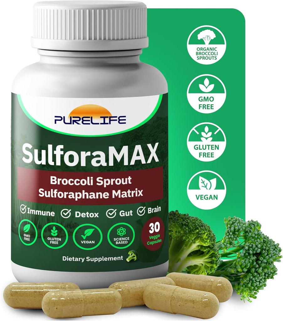 SulforaMAX - Sulforaphane Broccoli Immunity Supplement - [Formerly Regen-X] - Immune Support, Heart, Liver, Brain Health Supplements - Vegan, Non-GMO, 10 000 MCG Sulforaphane (30 vegetariska kapslar)