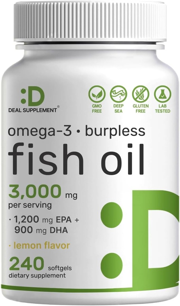 DEL Supplement Omega 3 鱼油补充剂,每服3000mg,240 Softgels – EPA 1200mg + DHA 900mg – Burpless Pills, Lemon Flavored, Wild Caught – Brain & Heart Supports – 无汞,非GMO