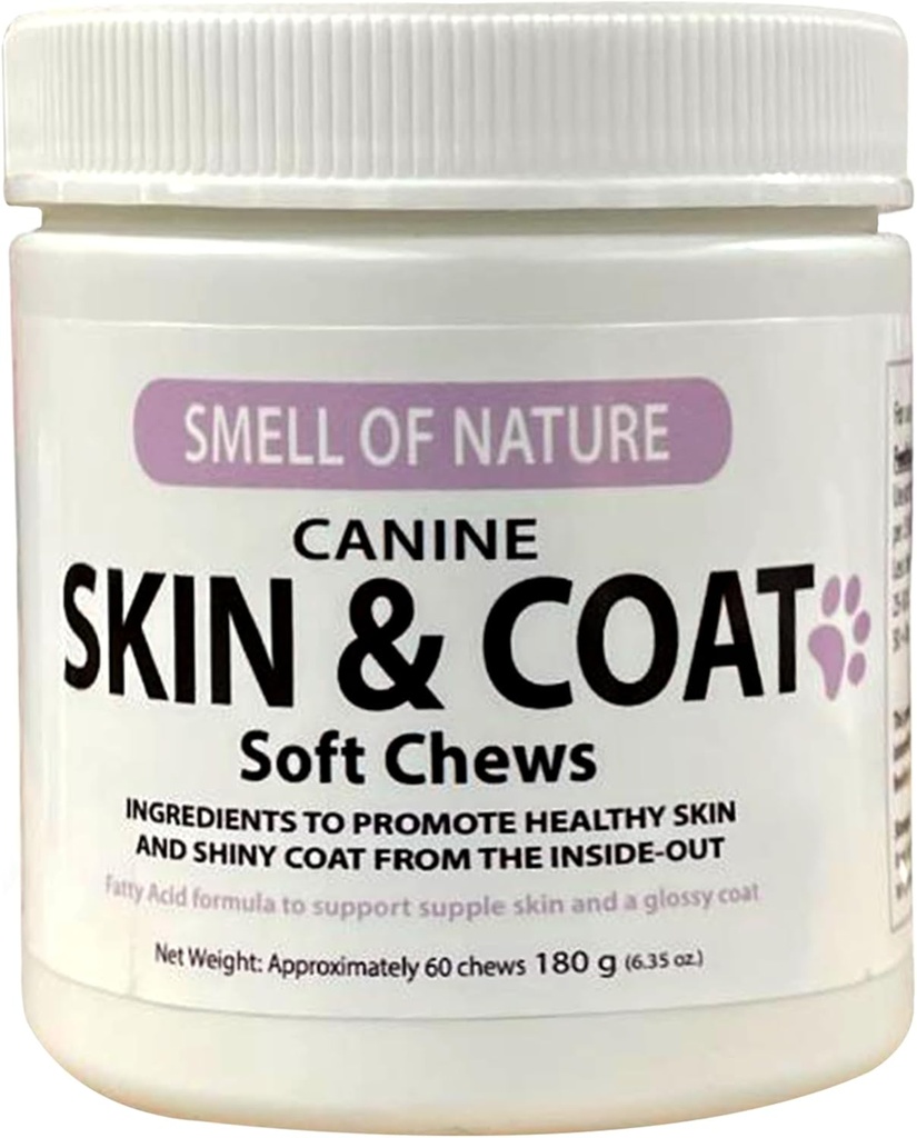 Dog Skin & Coat Supplement Chews - Skin Health Chewable Supplement for All Ages & Breeds - Promotes Healthy Skin & Lustrous Coat - Rich in Omega Fatty Acids & Vitamins – 60 Chews