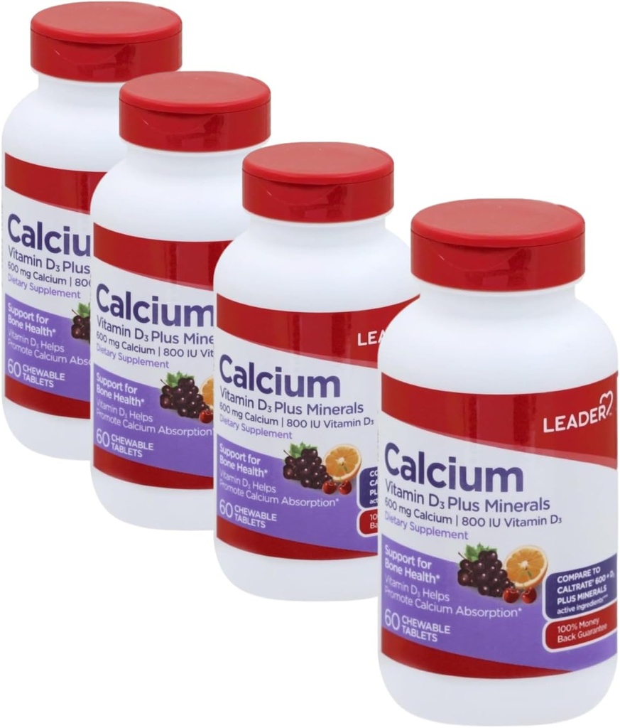 Leader Calcium Vitamine D3 Plus Minéraux, Bone Health Supplément avec Magnésium et Zinc, soutient les os forts et les dents, Absorption accrue, cerise, orange et fruits punch aromat, 60 comprimés à croquer 4-Pack