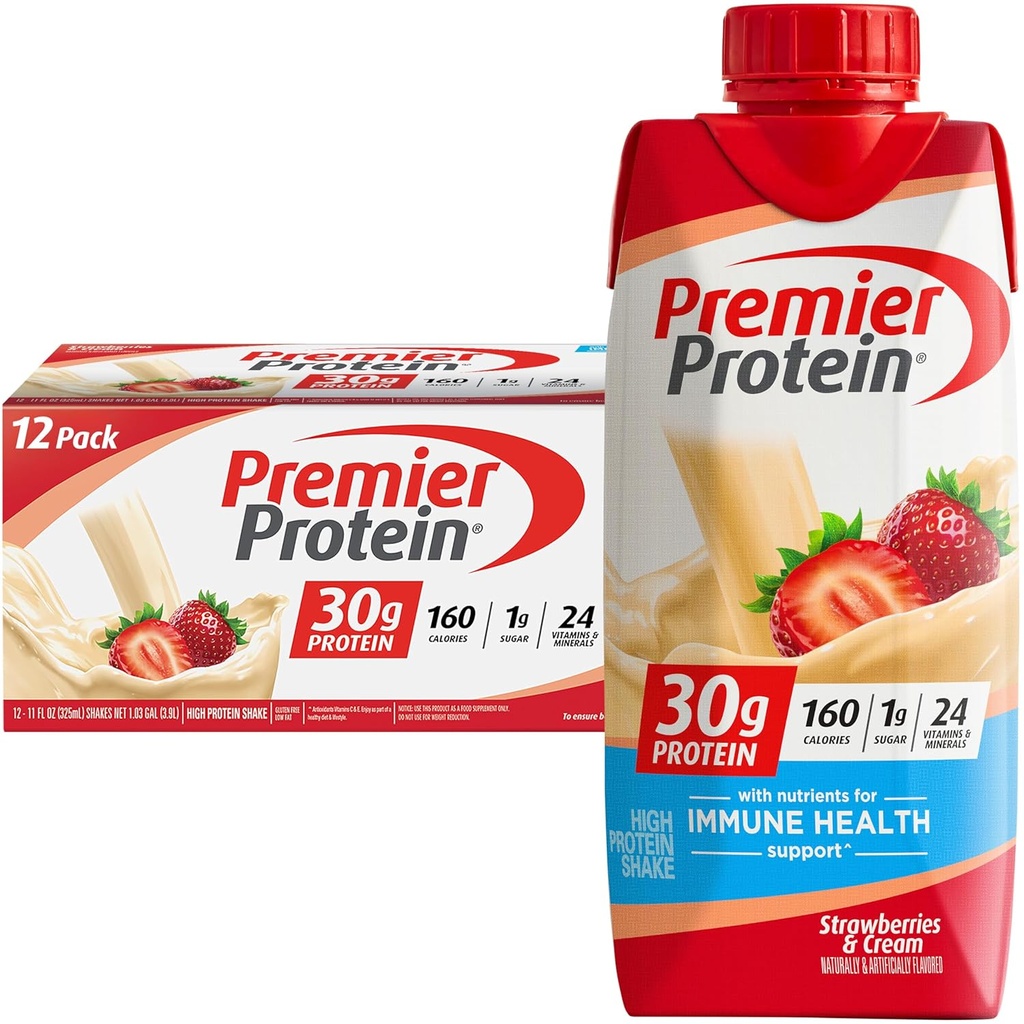 Premier Protein Shake, Strawberry & Krim, 30g Protein, 11 fl oz, Paket 12 (Packaging May Vary)