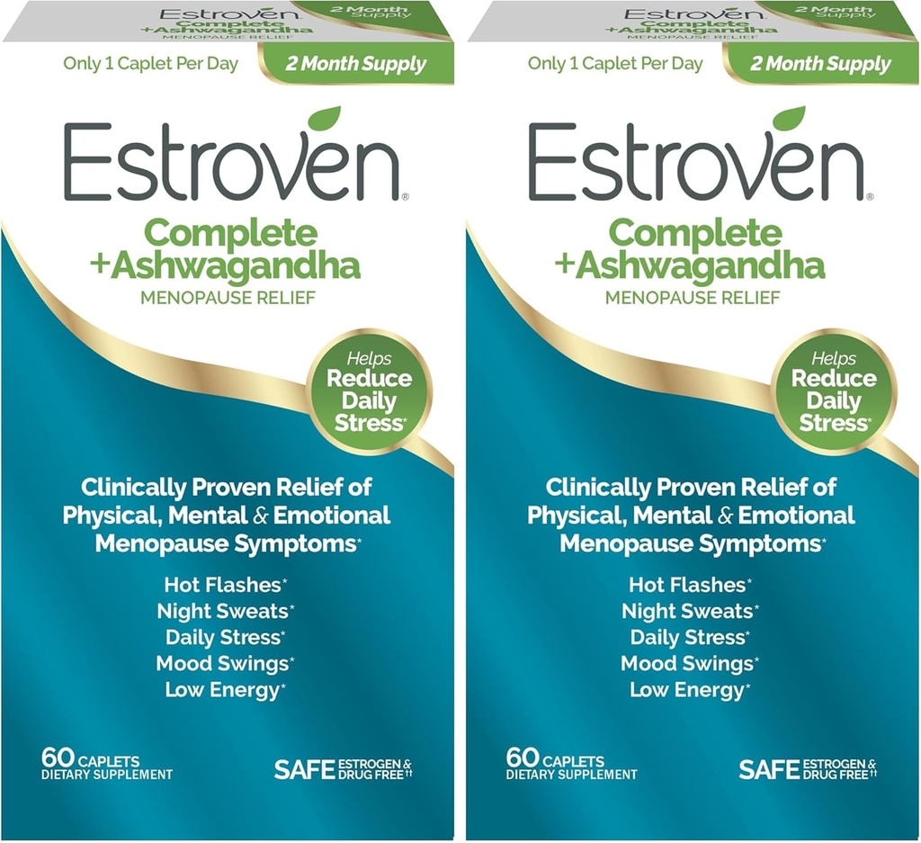 Estroven Complete + Ashwagandha Multi-Symptom Menopause Addition for Women - клинично доказани съставки Осигурете Menopause Relief & Night Sweats + Hot Flash Relief* - 4 Month Supply (Pack of 2)