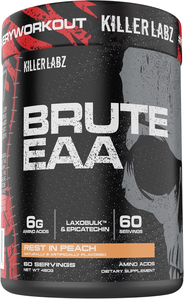 KILLER LABZ Brute EAA דחוס שרשרת & Essential Amino Acids | 6g של Aminos כדי Accelerate Recovery and Lean Mass מקבל 60 משרתים (Rest in Peach)